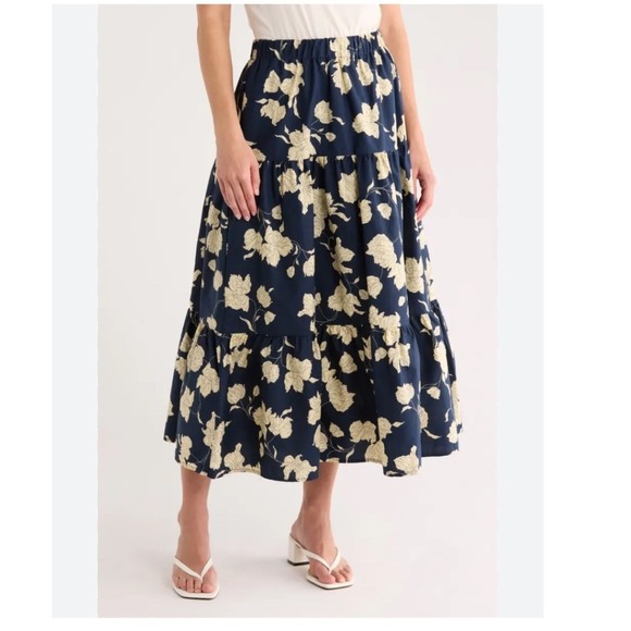 Sanctuary Dresses & Skirts - Sanctuary Floral Midi Skirt Medium Navy Cream Tiered Boho Elastic Waist Lined